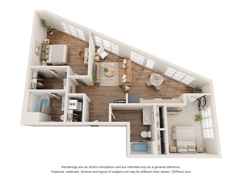 a stylized floor plan with a bedroom and a living room